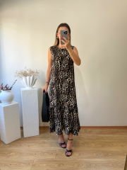 LEOPAR DESEN VİSKON KUMAŞ KOLSUZ ELBİSE