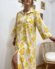 KETEN KUMAŞ SARI ÇİÇEK DESENLİ GÖMLEK ELBİSE