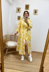 KETEN KUMAŞ SARI ÇİÇEK DESENLİ GÖMLEK ELBİSE