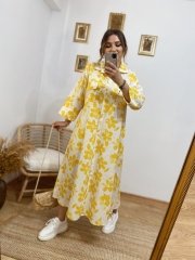 KETEN KUMAŞ SARI ÇİÇEK DESENLİ GÖMLEK ELBİSE