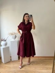 KEMERLİ VE BELDEN LASTİKLİ MARKA MODEL GÖMLEK ELBİSE BORDO