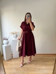 KEMERLİ VE BELDEN LASTİKLİ MARKA MODEL GÖMLEK ELBİSE BORDO