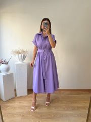 KEMERLİ VE BELDEN LASTİKLİ MARKA MODEL GÖMLEK ELBİSE LİLA