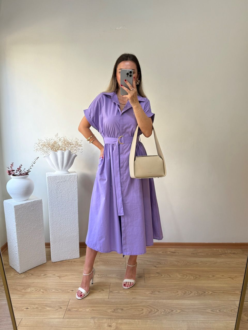 KEMERLİ VE BELDEN LASTİKLİ MARKA MODEL GÖMLEK ELBİSE LİLA