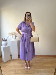 KEMERLİ VE BELDEN LASTİKLİ MARKA MODEL GÖMLEK ELBİSE LİLA
