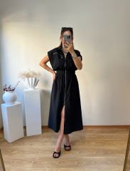 YUMUŞAK SATEN POPLİN KUMAŞ BELDEN LASTİKLİ VE ÖNDEN FERMUARLI ELBİSE SİYAH
