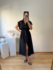 YUMUŞAK SATEN POPLİN KUMAŞ BELDEN LASTİKLİ VE ÖNDEN FERMUARLI ELBİSE SİYAH