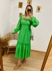 YEŞİL FİSTO GÖĞÜS KISMINDAN OTURTMALI ELBİSE