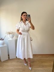 PREMİUM SERİ BONCUK VE İNCİ DETAYLI ÖNÜ İŞLEMELİ ELBİSE BEYAZ