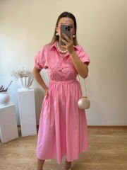 PREMIUM SERİ BONCUK VE İNCİ DETAYLI ÖNÜ İŞLEMELİ ELBİSE PEMBE