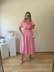PREMIUM SERİ BONCUK VE İNCİ DETAYLI ÖNÜ İŞLEMELİ ELBİSE PEMBE