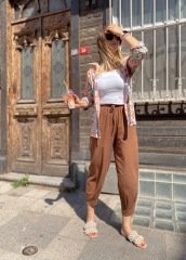 TABA RENK PAÇASI PENSLİ KETEN ŞALVAR PANTOLON