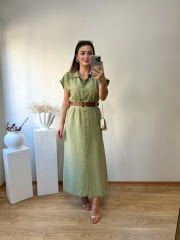 TENSEL KUMAŞ KENDİNDEN KEMERLİ GÖMLEK ELBİSE YEŞİL