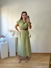 TENSEL KUMAŞ KENDİNDEN KEMERLİ GÖMLEK ELBİSE YEŞİL