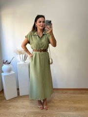 TENSEL KUMAŞ KENDİNDEN KEMERLİ GÖMLEK ELBİSE YEŞİL