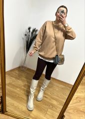 NUDE KAHVE OVERSİZE İÇİ İNCE ŞARDONLU YUMUŞAK KUMAŞ BASİC SWEAT