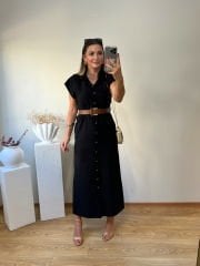TENSEL KUMAŞ KENDİNDEN KEMERLİ GÖMLEK ELBİSE SİYAH