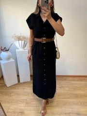 TENSEL KUMAŞ KENDİNDEN KEMERLİ GÖMLEK ELBİSE SİYAH