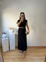 TENSEL KUMAŞ KENDİNDEN KEMERLİ GÖMLEK ELBİSE SİYAH