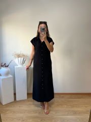 TENSEL KUMAŞ KENDİNDEN KEMERLİ GÖMLEK ELBİSE SİYAH