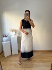 MARKA MODEL SATEN KUMAŞ OMBRELİ ELBİSE SİYAH-BEJ