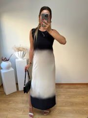 MARKA MODEL SATEN KUMAŞ OMBRELİ ELBİSE SİYAH-BEJ