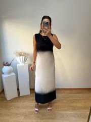 MARKA MODEL SATEN KUMAŞ OMBRELİ ELBİSE SİYAH-BEJ