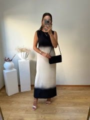 MARKA MODEL SATEN KUMAŞ OMBRELİ ELBİSE SİYAH-BEJ