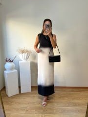 MARKA MODEL SATEN KUMAŞ OMBRELİ ELBİSE SİYAH-BEJ