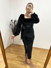 KOLLARI PAYETLİ SATEN KUŞAKLI KADİFE EBİSE
