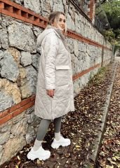 TAŞ RENGİ YANDAN ÇITÇITLI KAPŞONLU KAPİTONE MONT