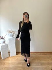 KOLLARI BAĞLAMALI TÜY DETAYLI SİYAH TÜL ELBİSE