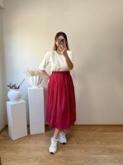 PARAŞÜT KUMAŞ BELİ LASTİKLİ KİRAZ RENGİ ETEK