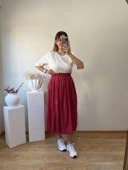 PARAŞÜT KUMAŞ BELİ LASTİKLİ KİRAZ RENGİ ETEK