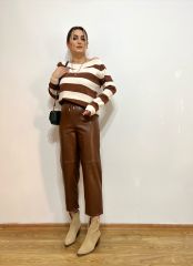 KAHVE RENGİ İÇİ ŞARDONLU MOM DERİ PANTOLON