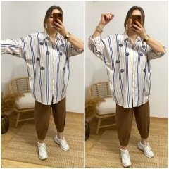 LACİVERT KAHVE ÇİZGİLİ TAŞLI OVERSİZE GÖMLEK