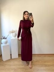 GOLD DÜĞME DETAYLI VATKALI ELBİSE BORDO
