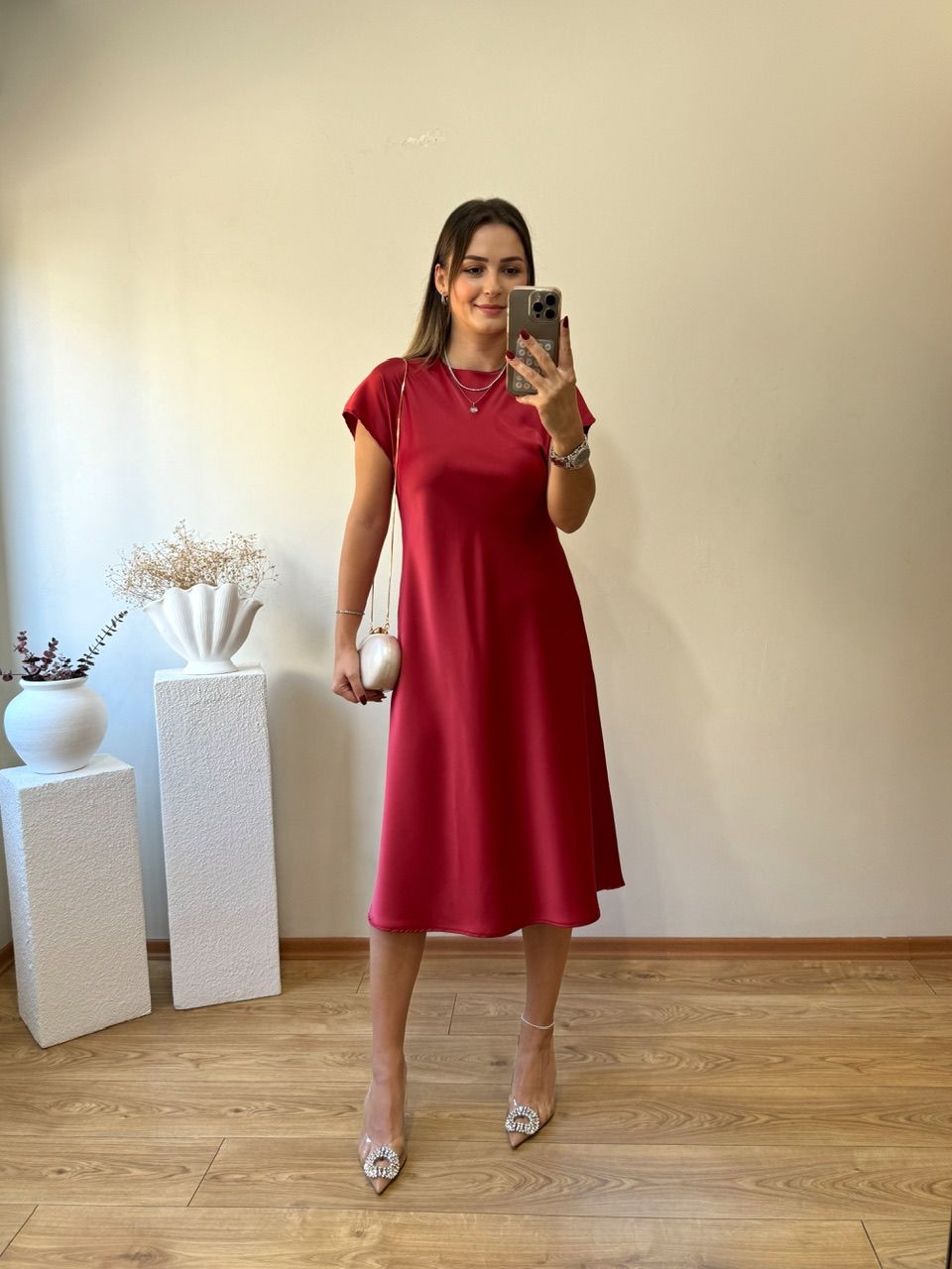 MARKA MODEL İTHAL SATEN KUMAŞ ELBİSE AÇIK BORDO