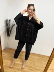 PARLAK PİLİSE KUMAŞ RAHAT TAKIM SİYAH