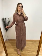 PARLAK SATEN PİLİSE KUMAŞ GÖMLEK ELBİSE BRONZ
