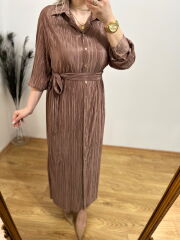 PARLAK SATEN PİLİSE KUMAŞ GÖMLEK ELBİSE BRONZ