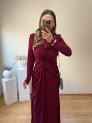 MARKA MODEL ÖZEL TASARIM ÖZEL TASARIM VATKALI TOK SANDY KUMAŞ ELBİSE BORDO