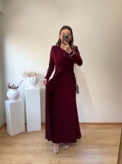 MARKA MODEL ÖZEL TASARIM ÖZEL TASARIM VATKALI TOK SANDY KUMAŞ ELBİSE BORDO