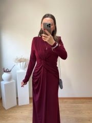 MARKA MODEL ÖZEL TASARIM ÖZEL TASARIM VATKALI TOK SANDY KUMAŞ ELBİSE BORDO