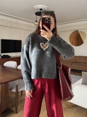 TAŞLI KALP PENCERE DETAYLI İTHAL ÖRME KAZAK GRİ