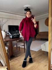 KENDİNDEN ŞAL DETAYLI İTHAL ÖRME KAZAK BORDO
