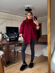 KENDİNDEN ŞAL DETAYLI İTHAL ÖRME KAZAK BORDO