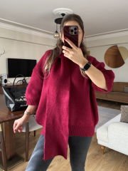 KENDİNDEN ŞAL DETAYLI İTHAL ÖRME KAZAK BORDO