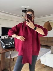 KENDİNDEN ŞAL DETAYLI İTHAL ÖRME KAZAK BORDO