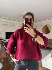 KENDİNDEN ŞAL DETAYLI İTHAL ÖRME KAZAK BORDO